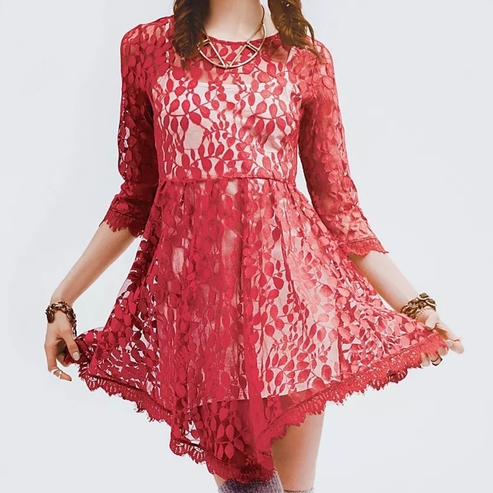 Sz4 Free People Red Floral Embroidered Mesh Dress